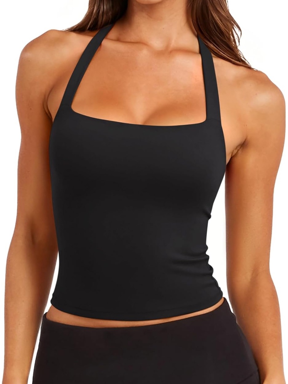 Black Square Neck Halter Crop Tank Top